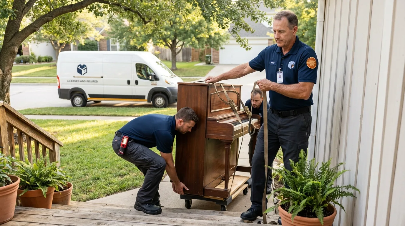 Licensed piano movers securing grand piano in Sac City, IA