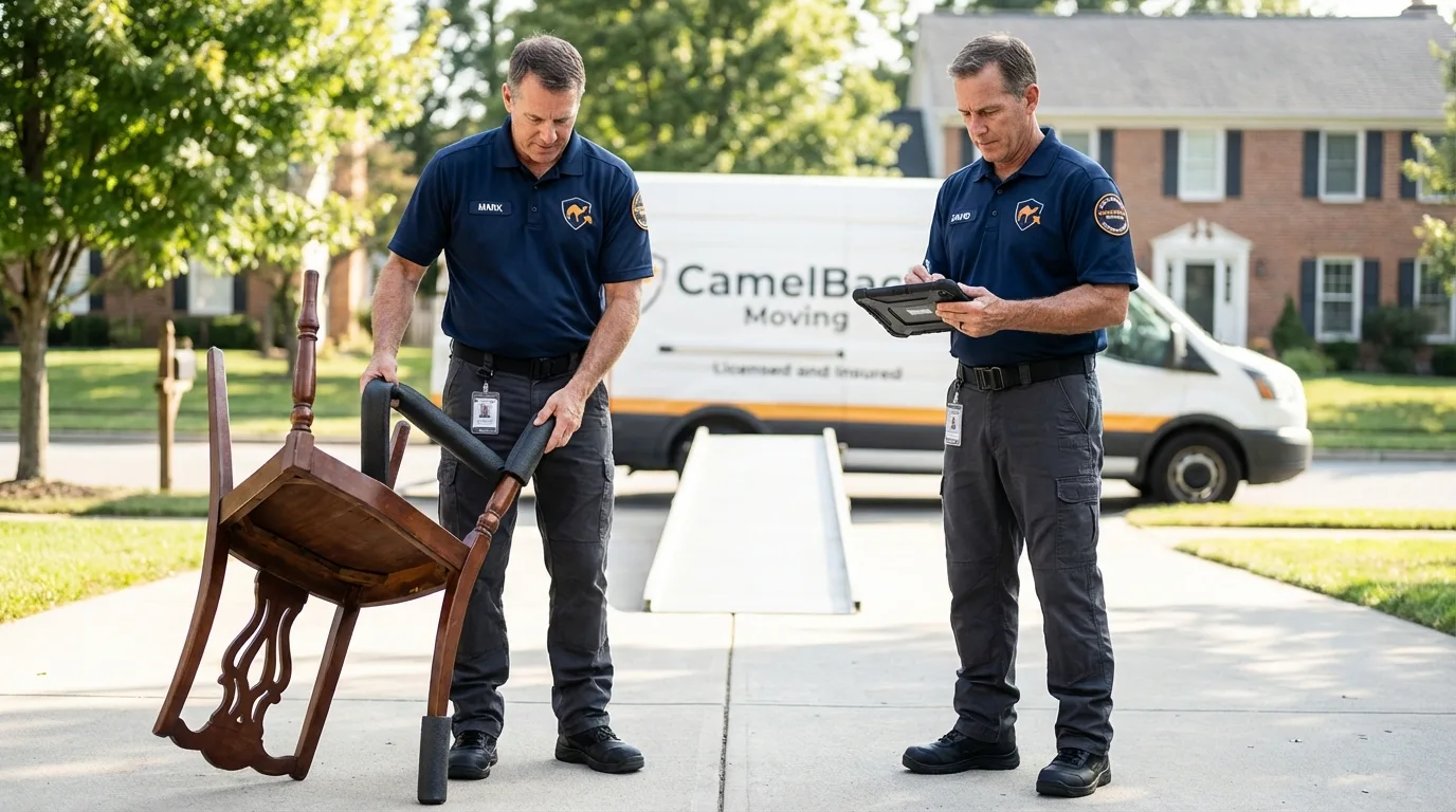 Movers inspecting furniture for damage prevention before loading in Sac City, IA