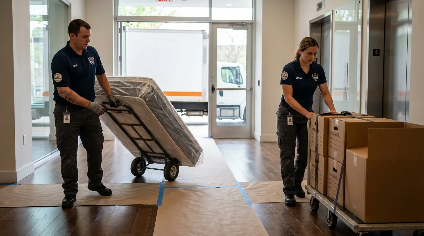 Professional apartment movers loading elevator in Sac City, IA