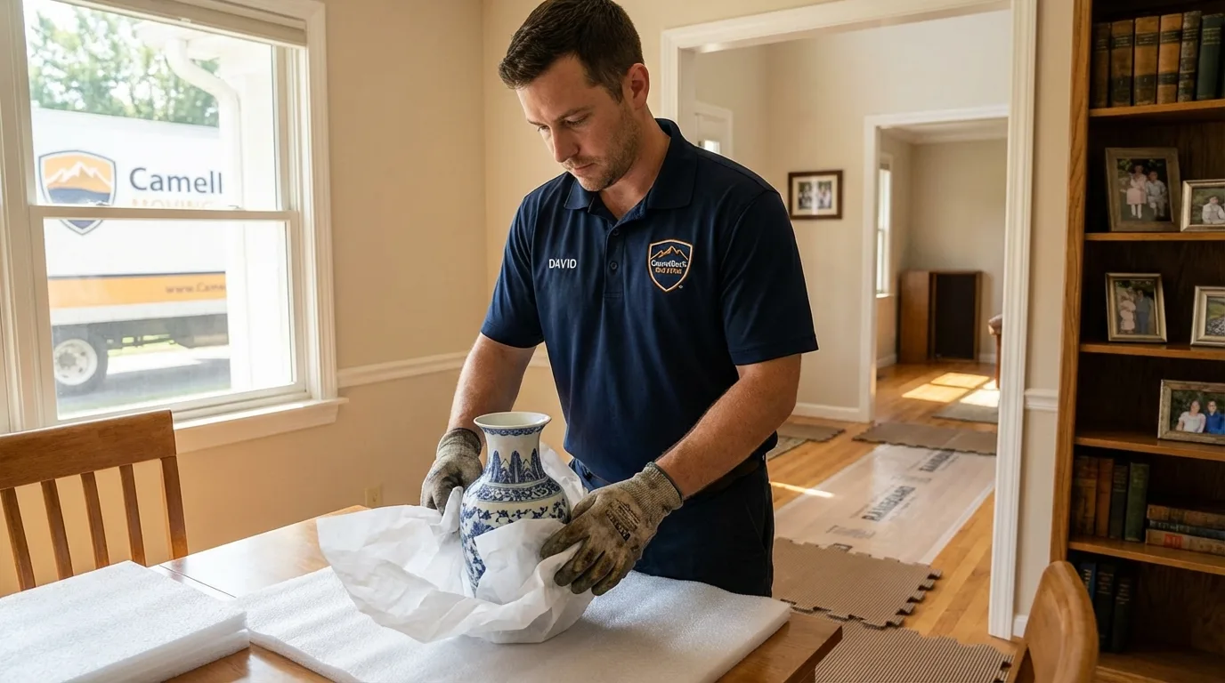 Professional crew carefully wrapping antique vase for senior downsizing move in Sac City, IA